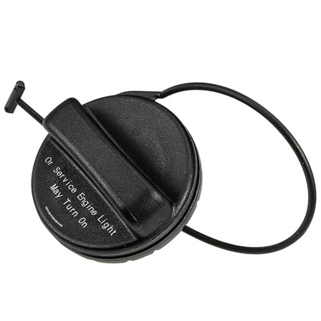 Black fuel gas cap with tether loop; angled view of side locking ridges