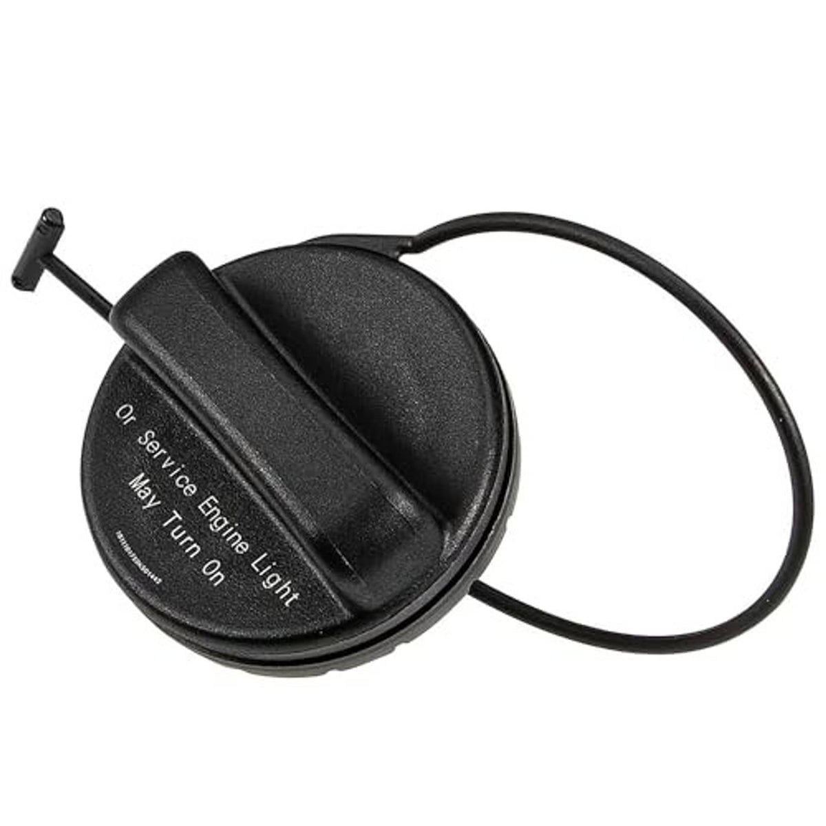 Black fuel gas cap with tether loop; angled view of side locking ridges