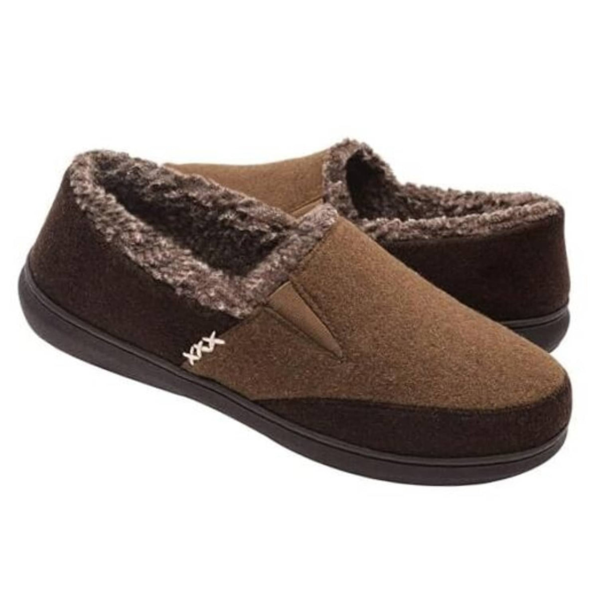 Coffee-brown men’s suede-style slip-on slippers with dark faux-fur trim