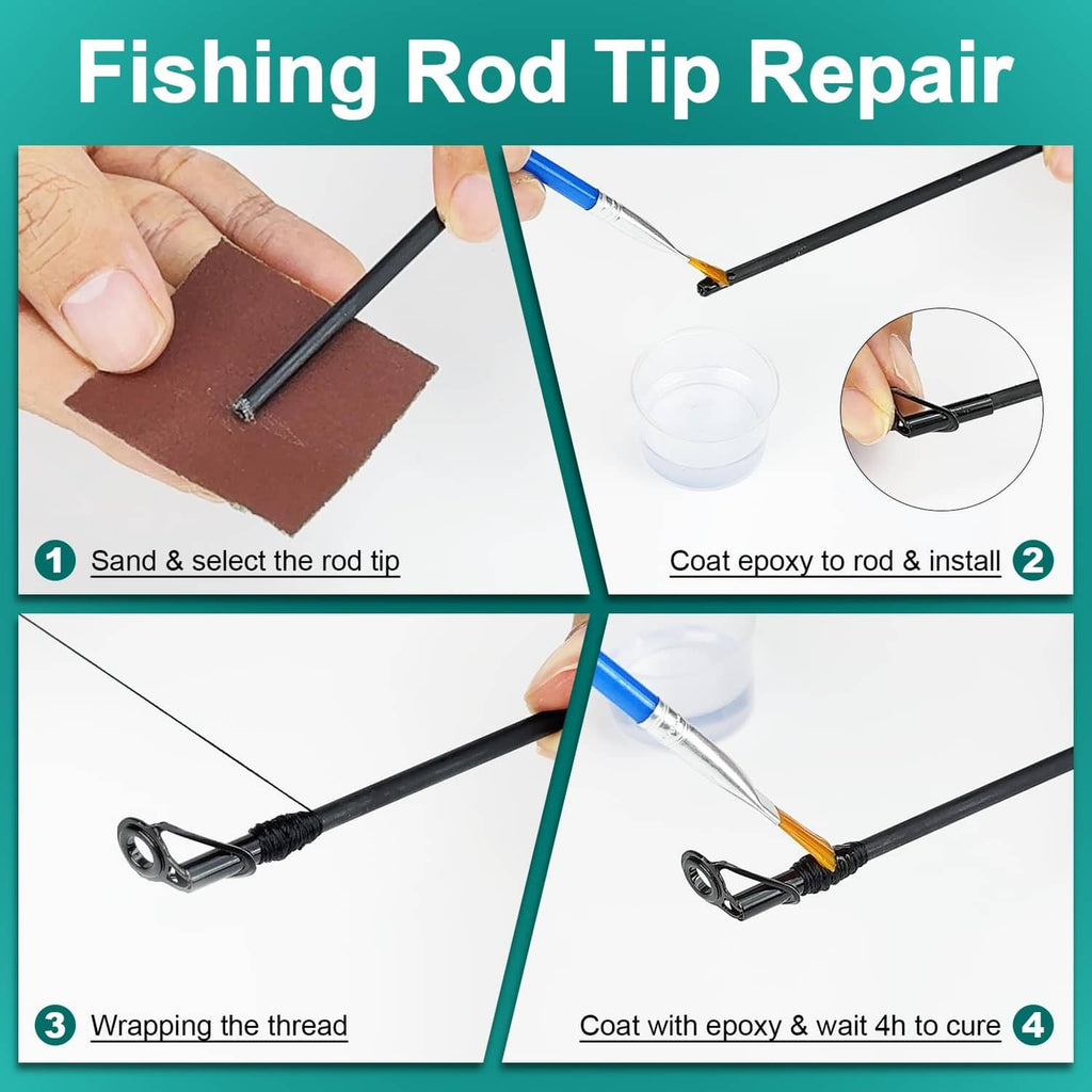 Fishing rod tip repair kit steps showing sanded tip, epoxy coating, and threading