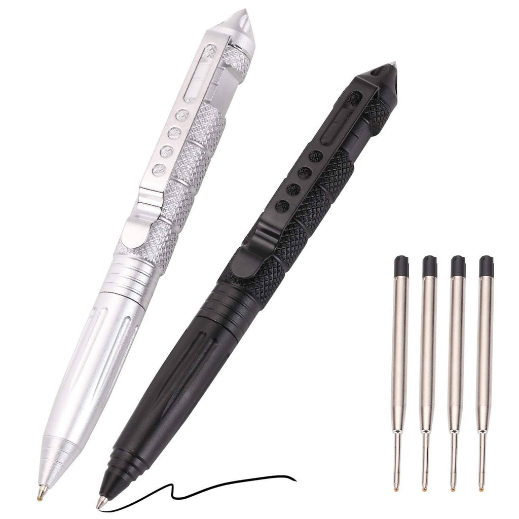 Tactical ballpoint pen set with silver and black pens and refill cartridges