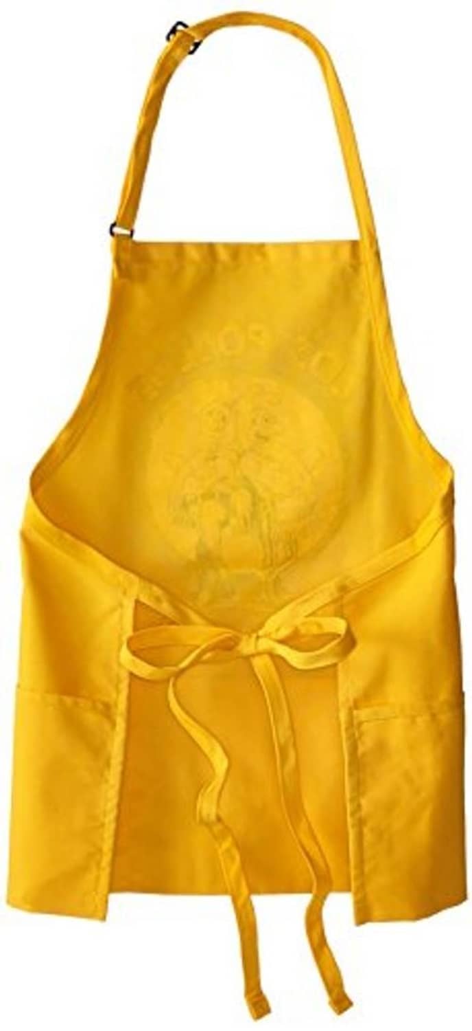 Men's yellow apron with tie waist and pocket, arched back yoke straps