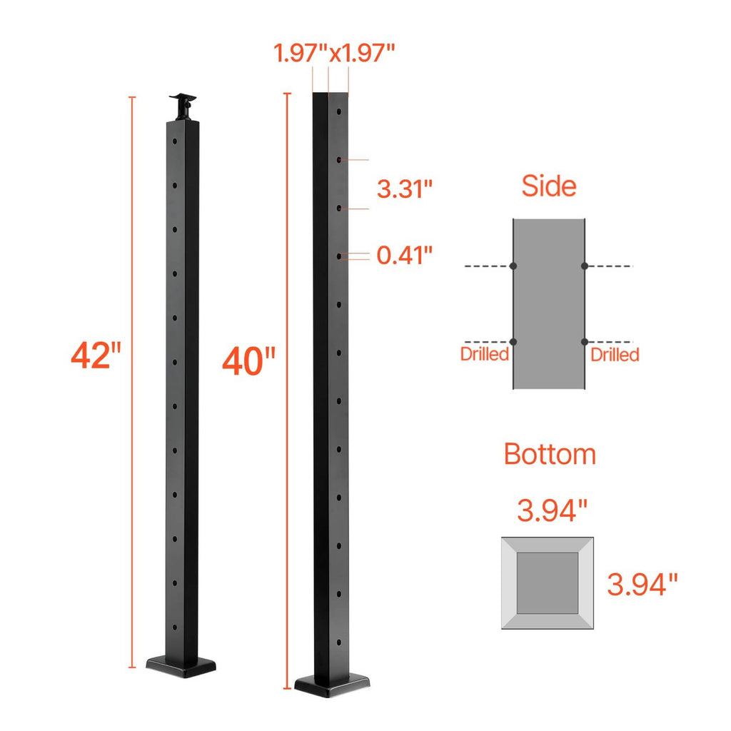Railing post side and bottom views with drilled holes and base dimensions