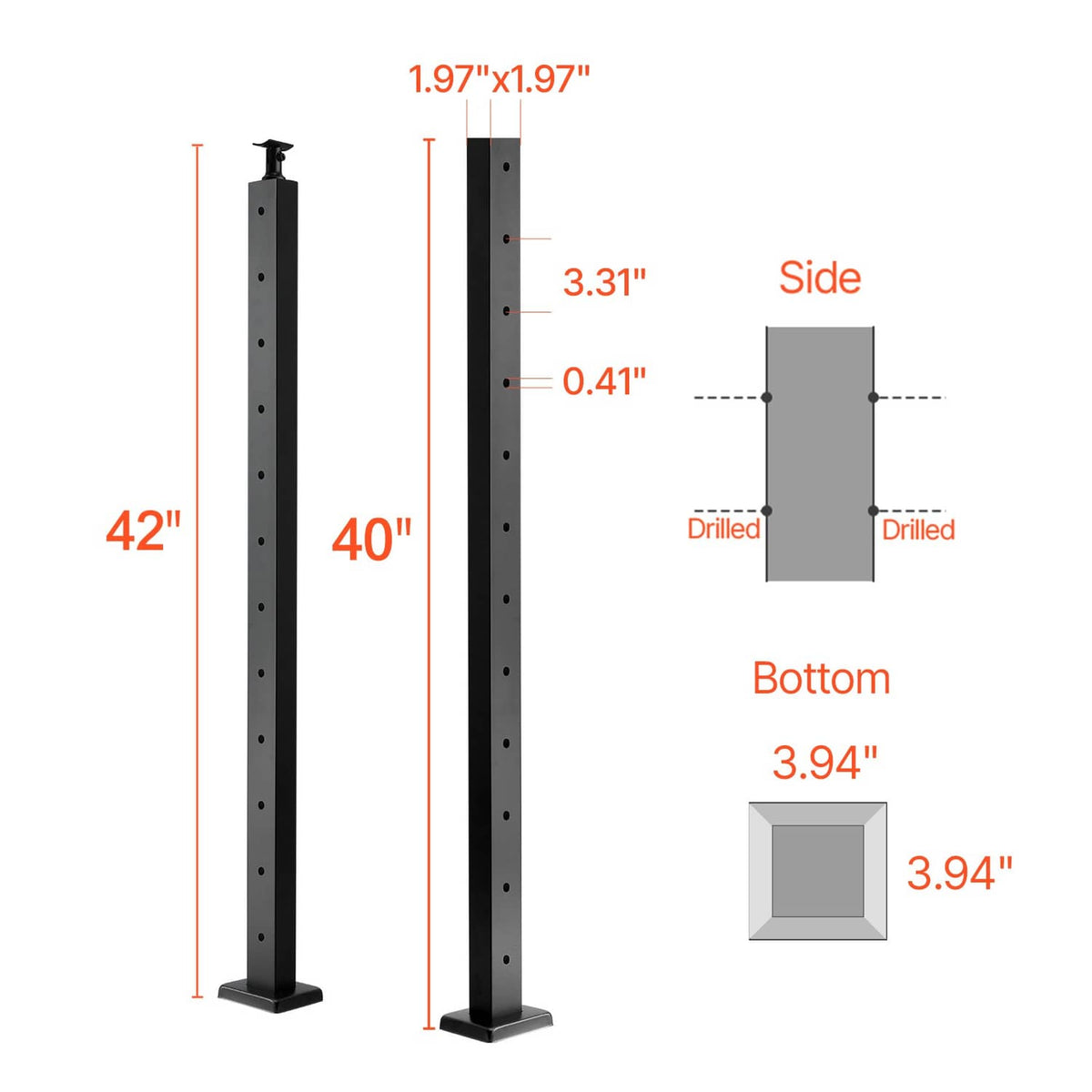 Railing post side and bottom views with drilled holes and base dimensions