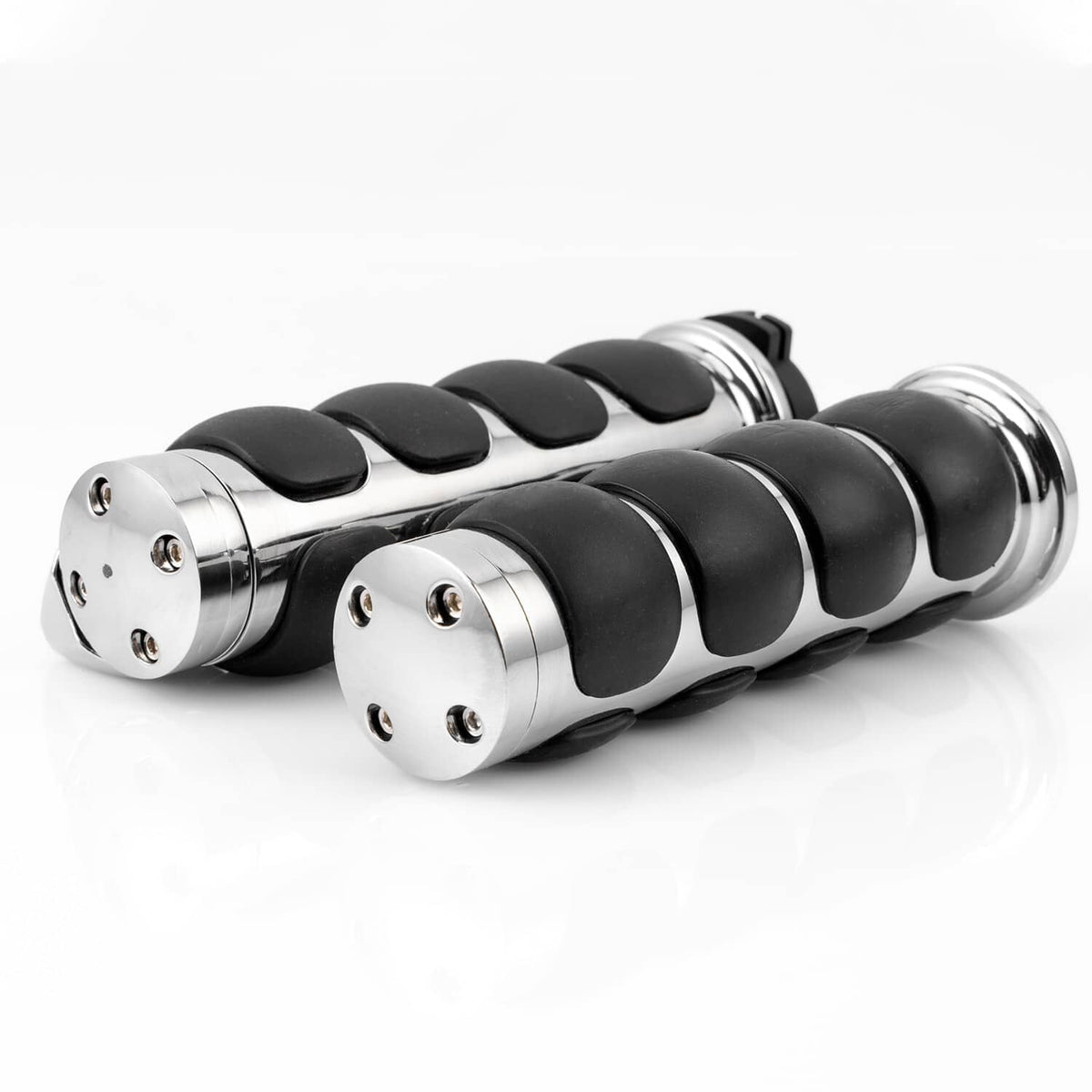 Motorcycle handlebar hand grips, black rubber with chrome end caps and mounting bolts