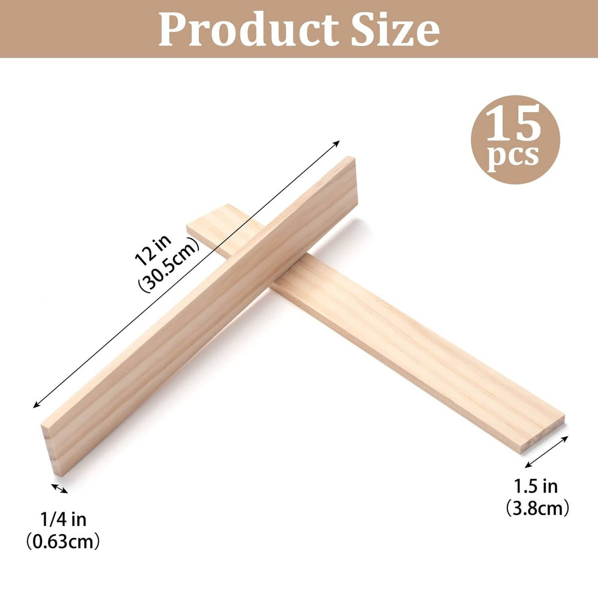 Set of 15 light wood square dowel strips, 1.5 in wide and 12 in long