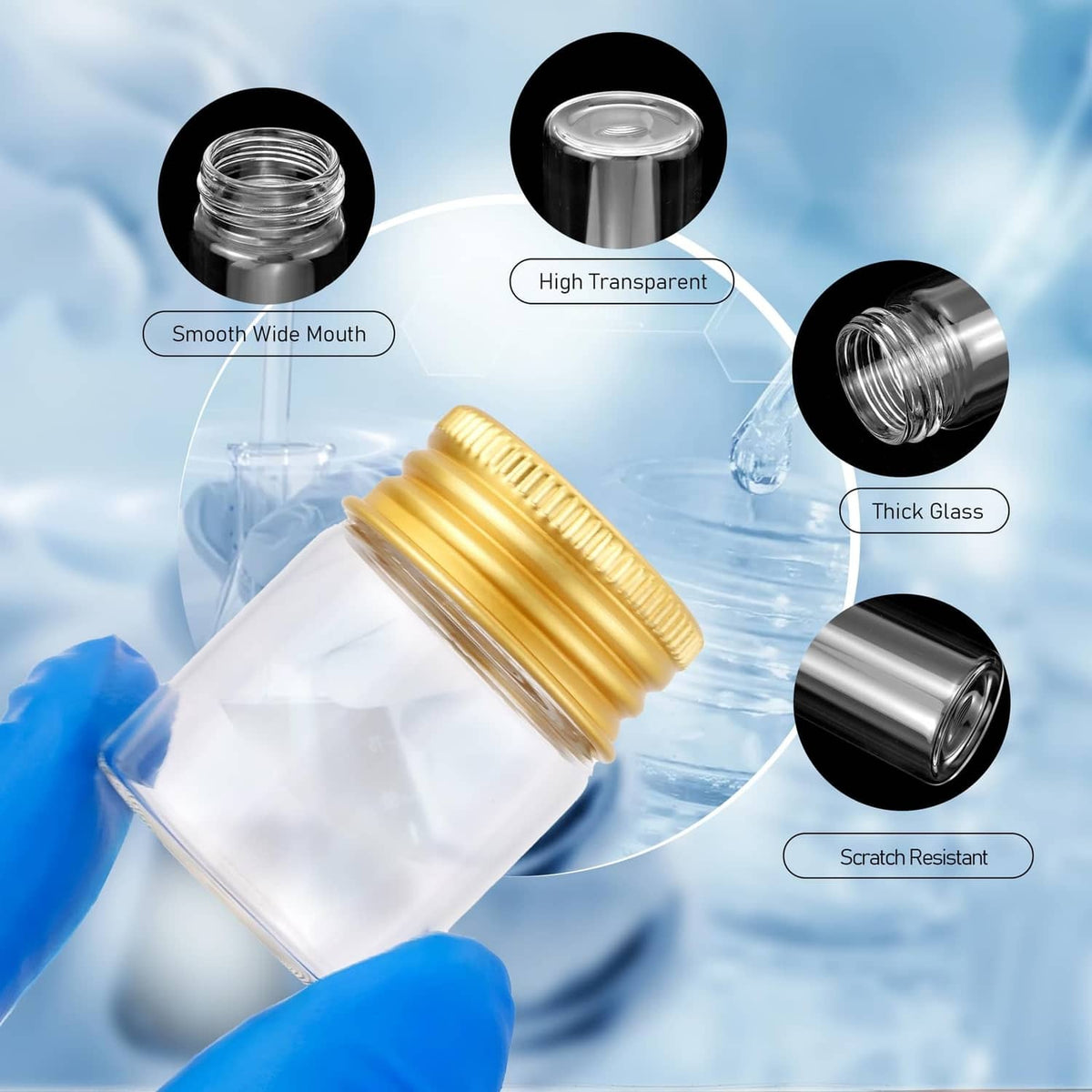 Small clear glass vials with screw caps in gold and silver finishes