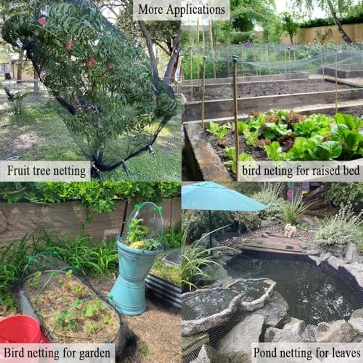 Bird netting applications collage for garden beds, pond, and fruit trees