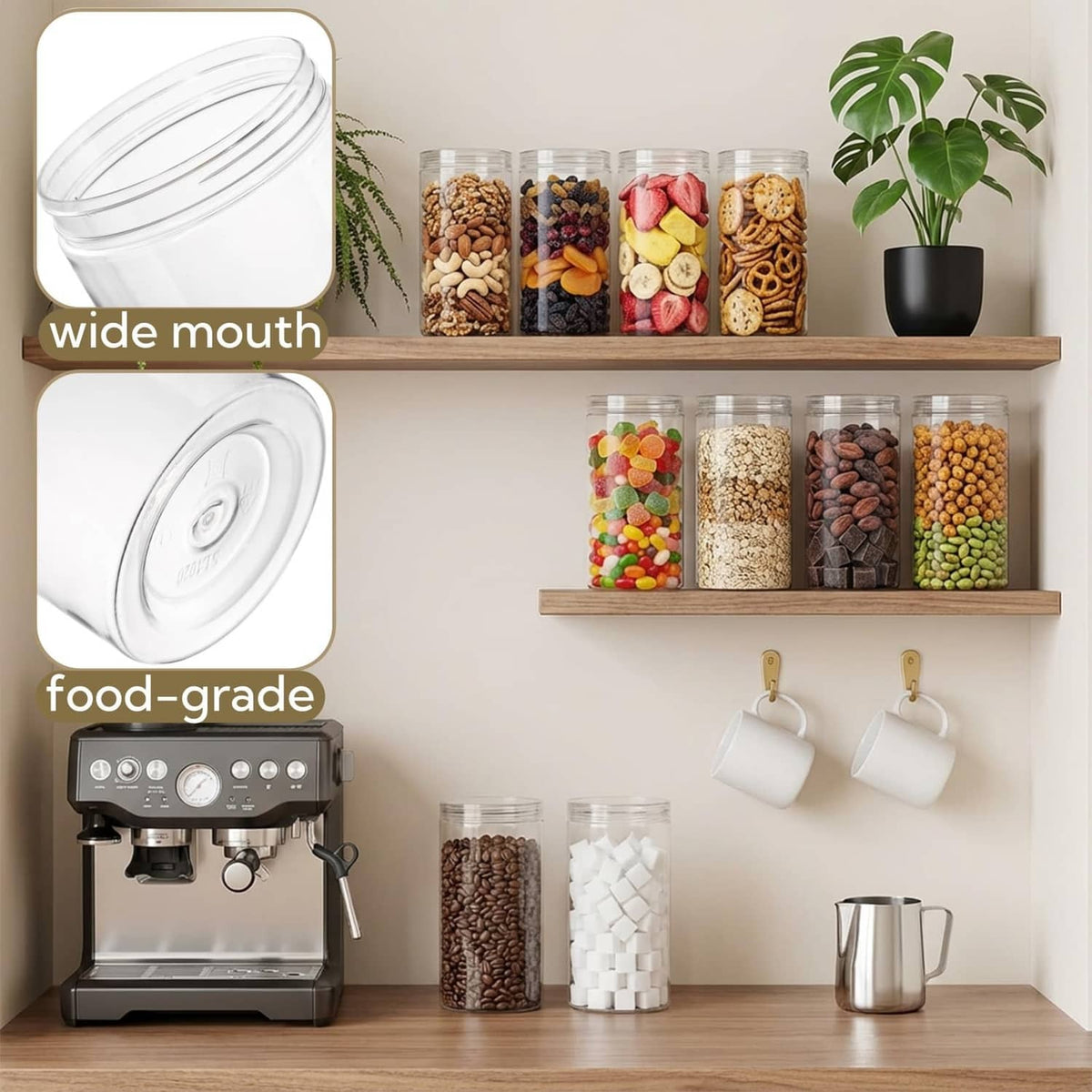 Clear plastic wide-mouth jar with lid for food storage, airtight seal
