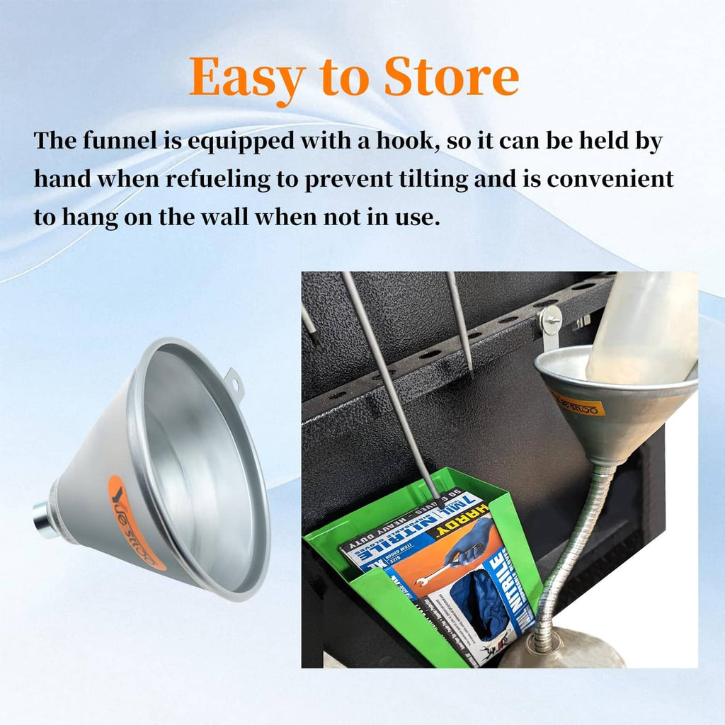 Silver steel funnel with filter and hanging hook for storage