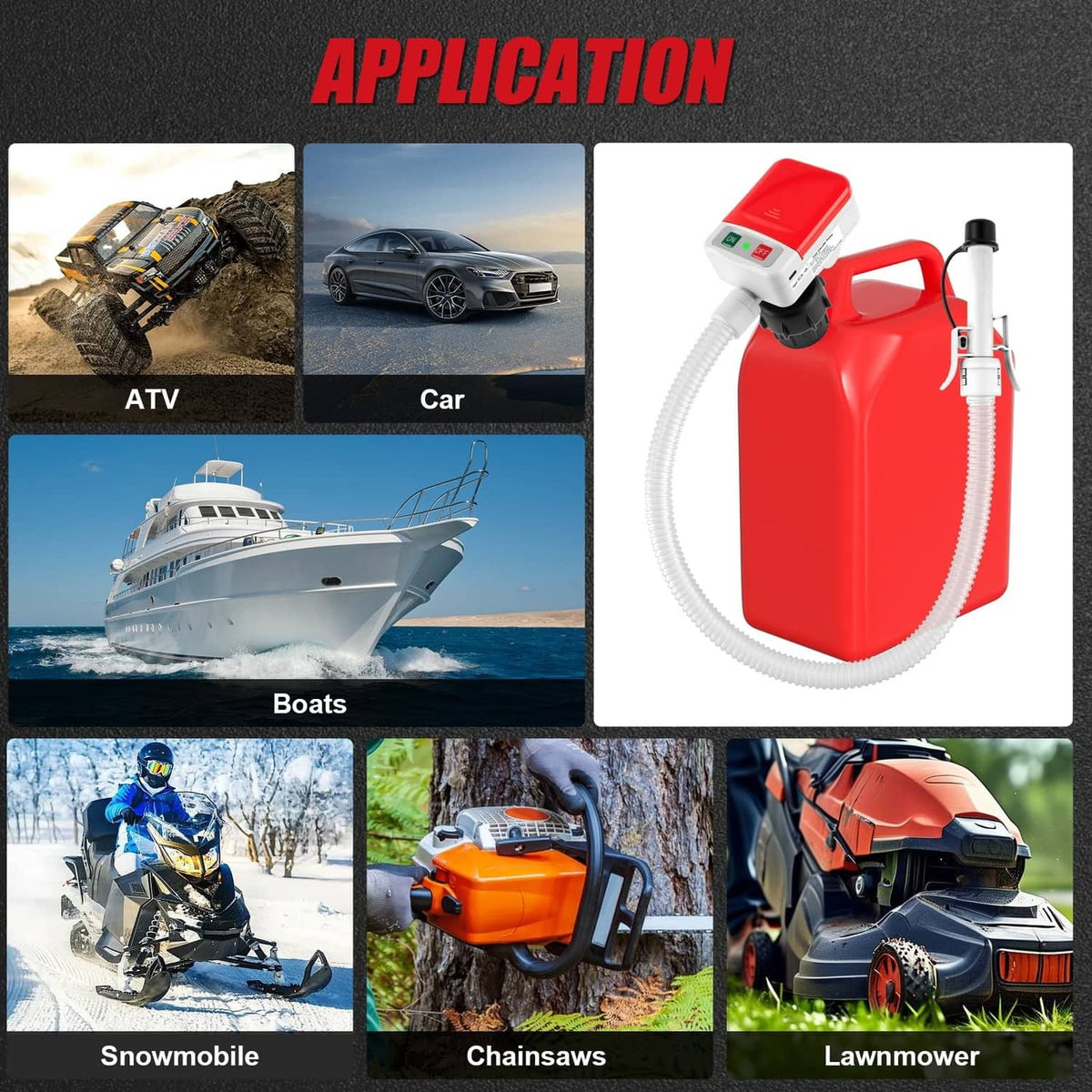 Red automatic fuel transfer pump with white hose shown for vehicle and equipment fueling
