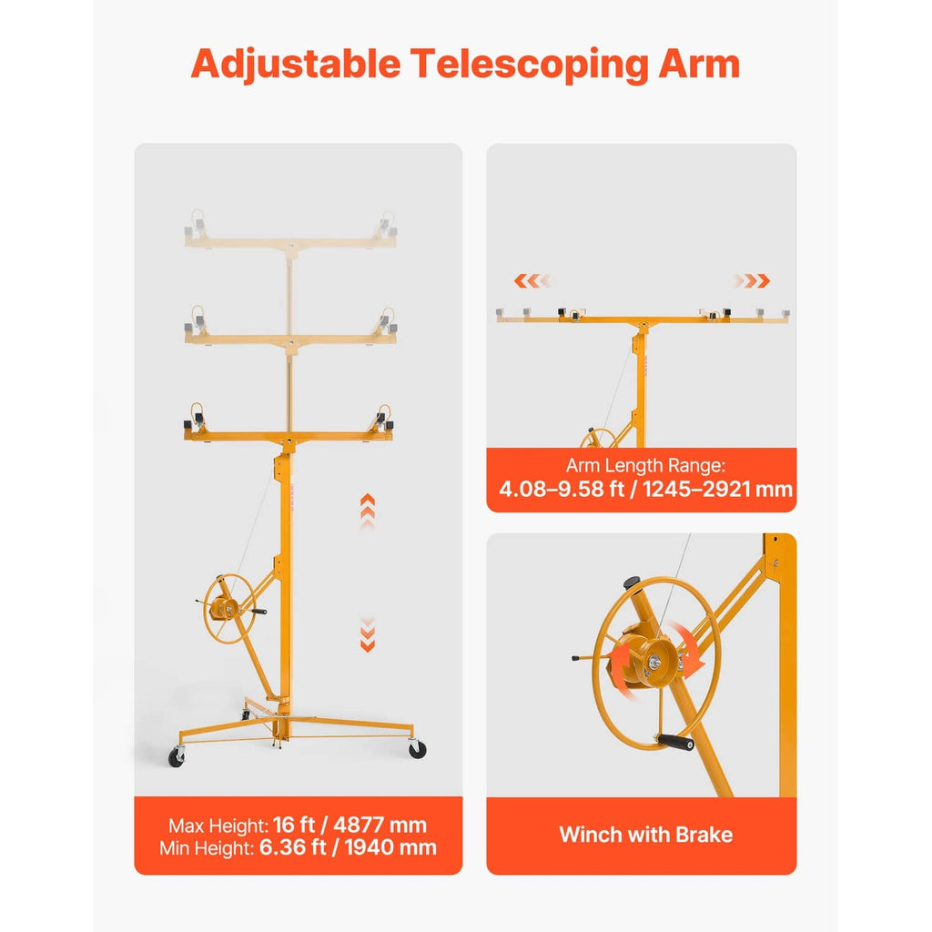 Orange drywall hoist showing adjustable telescoping arm range and winch with brake.