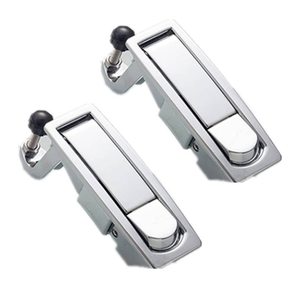 Two silver trigger latch locks with black knobs, angled view