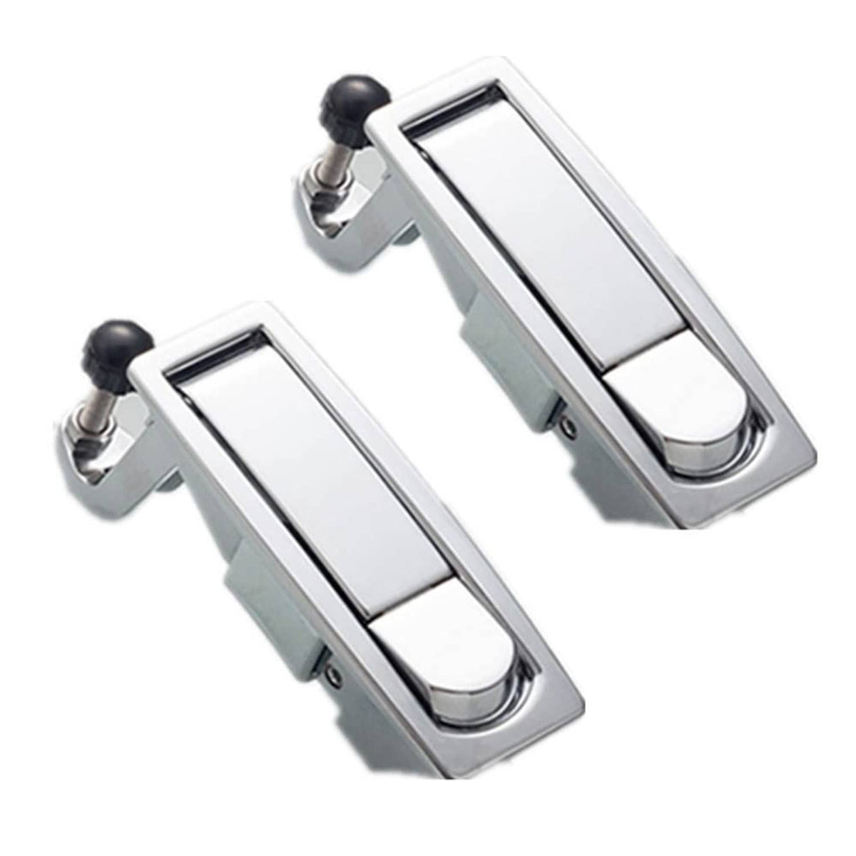 Two silver trigger latch locks with black knobs, angled view