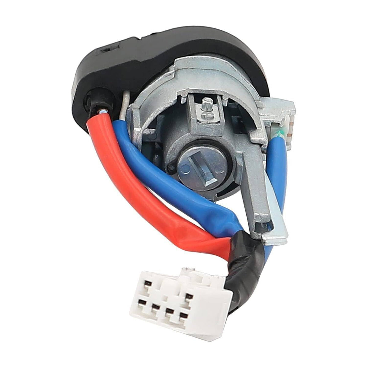Close-up of ignition switch lock cylinder with connector and red blue wiring