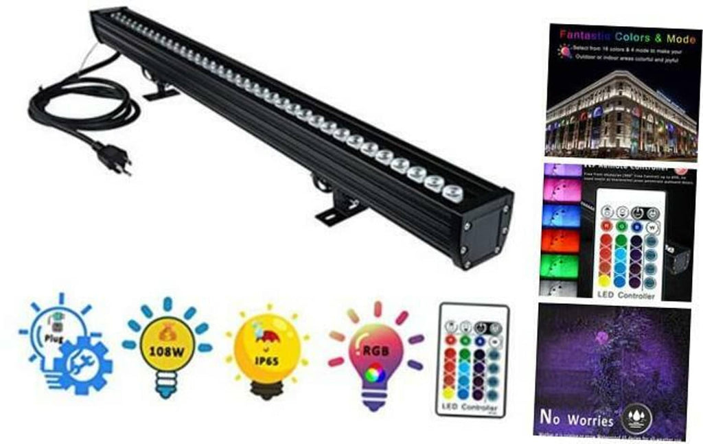 Black LED wall washer light bar with mounting bracket and power cord