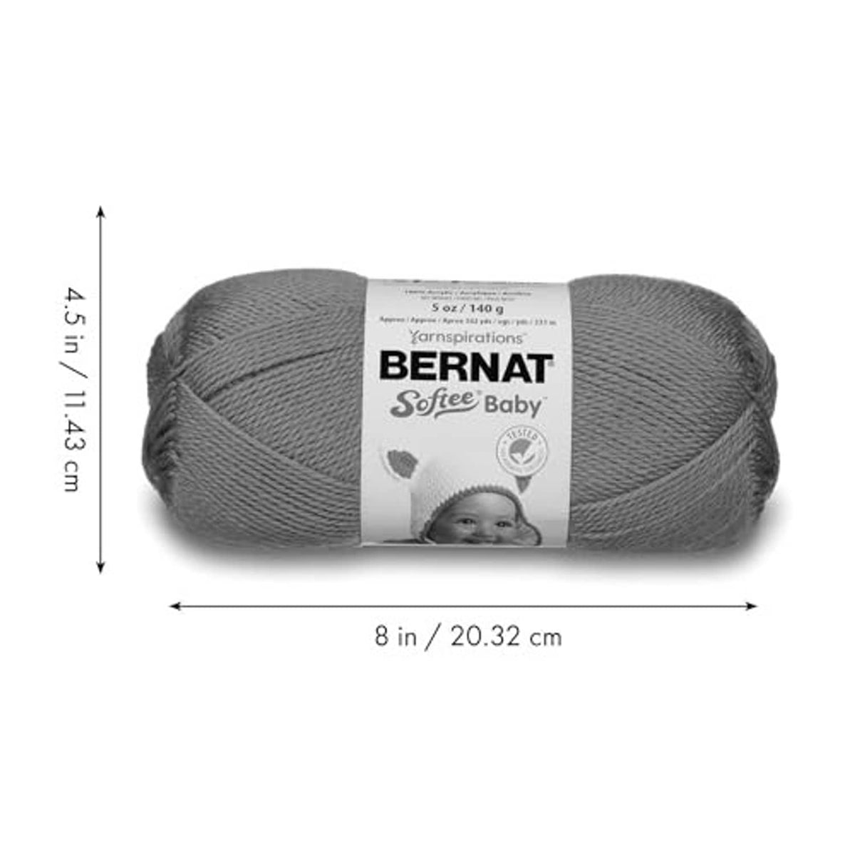 Gray Bernat Softee Baby yarn skein with size measurement markings