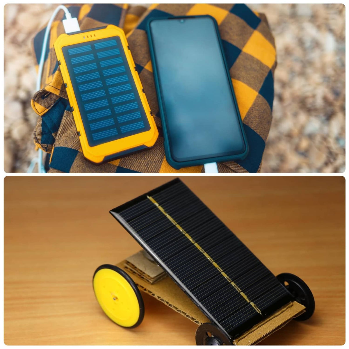 Small black-framed solar panel with blue cells on a portable outdoor setup