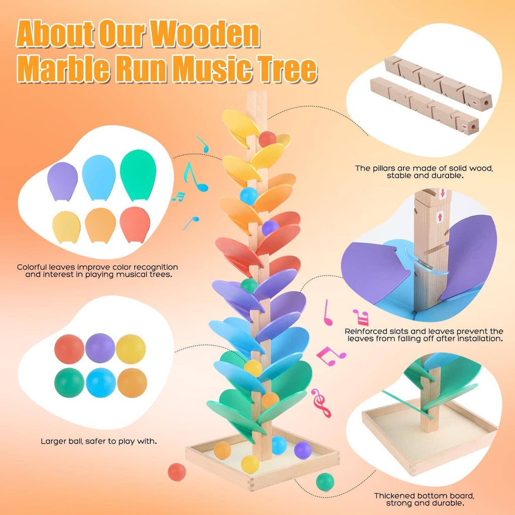 Wooden marble run music tree toy with colorful leaf ramps and ball set on wooden base