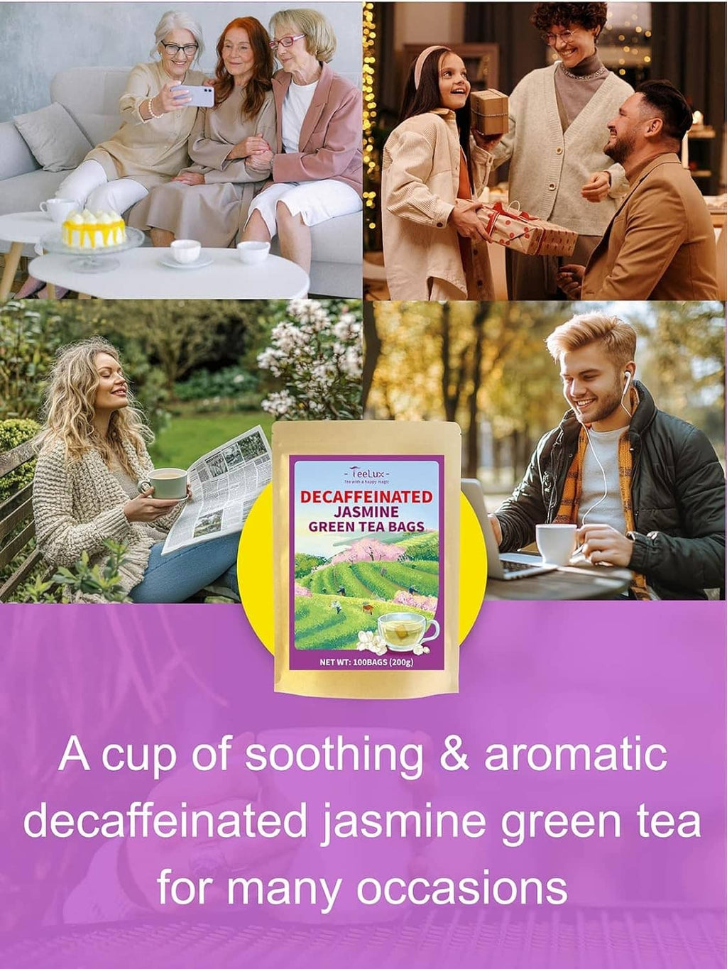 Decaffeinated jasmine green tea bag pouch