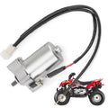 Starter motor assembly with metal cylinder, mounting bracket, and black wire harness