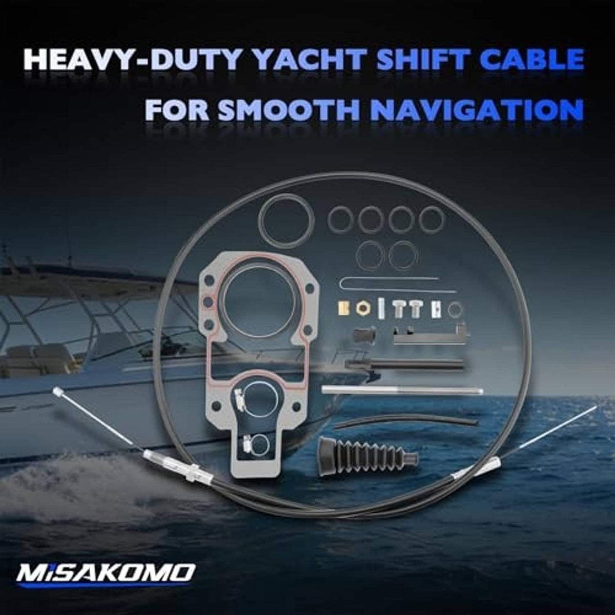 Heavy-duty lower shift cable kit with looped cable, mounting plate, boot, and small hardware