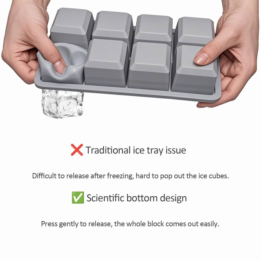 Gray silicone ice cube mold tray with release-ready bottom design and 2-inch cubes