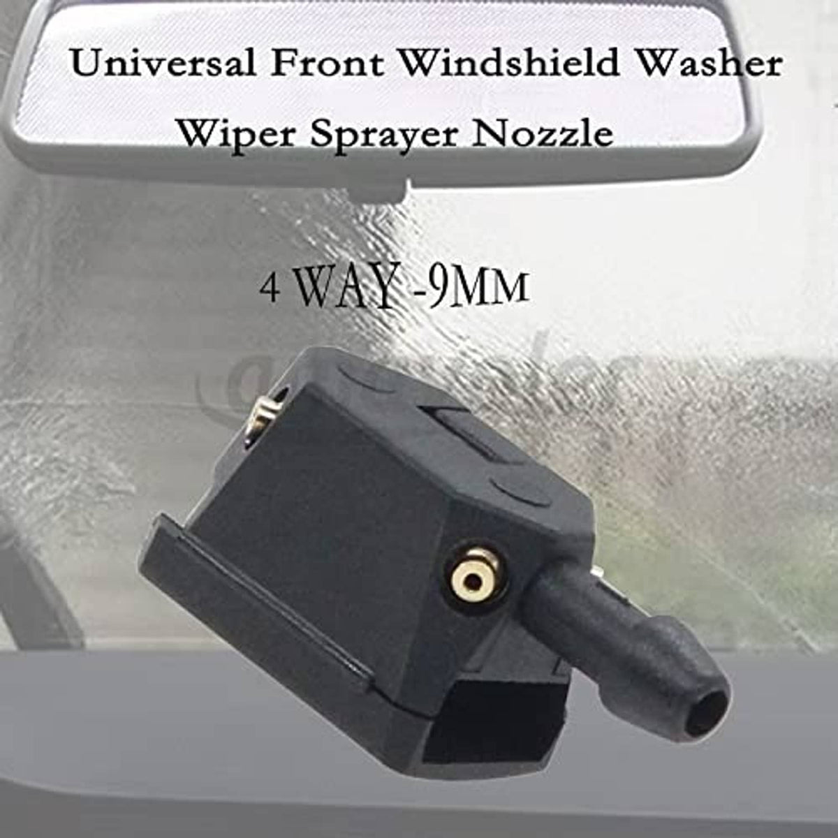 Universal front windshield washer spray nozzle, black 4-way 9mm jet arm, close side view.