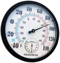 Black round wall thermometer and hygrometer with analog dials and dual scales