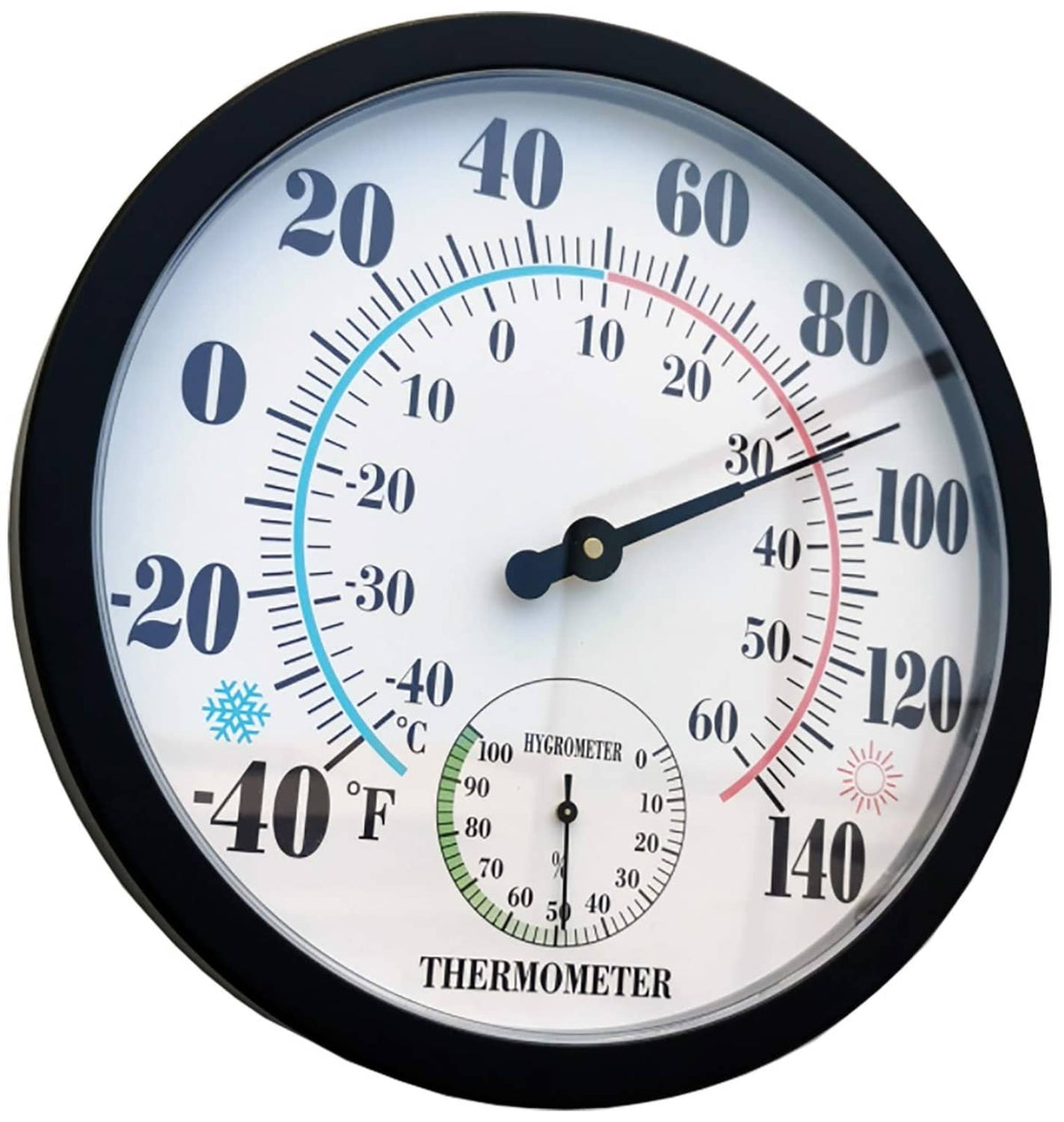 Black round wall thermometer and hygrometer with analog dials and dual scales