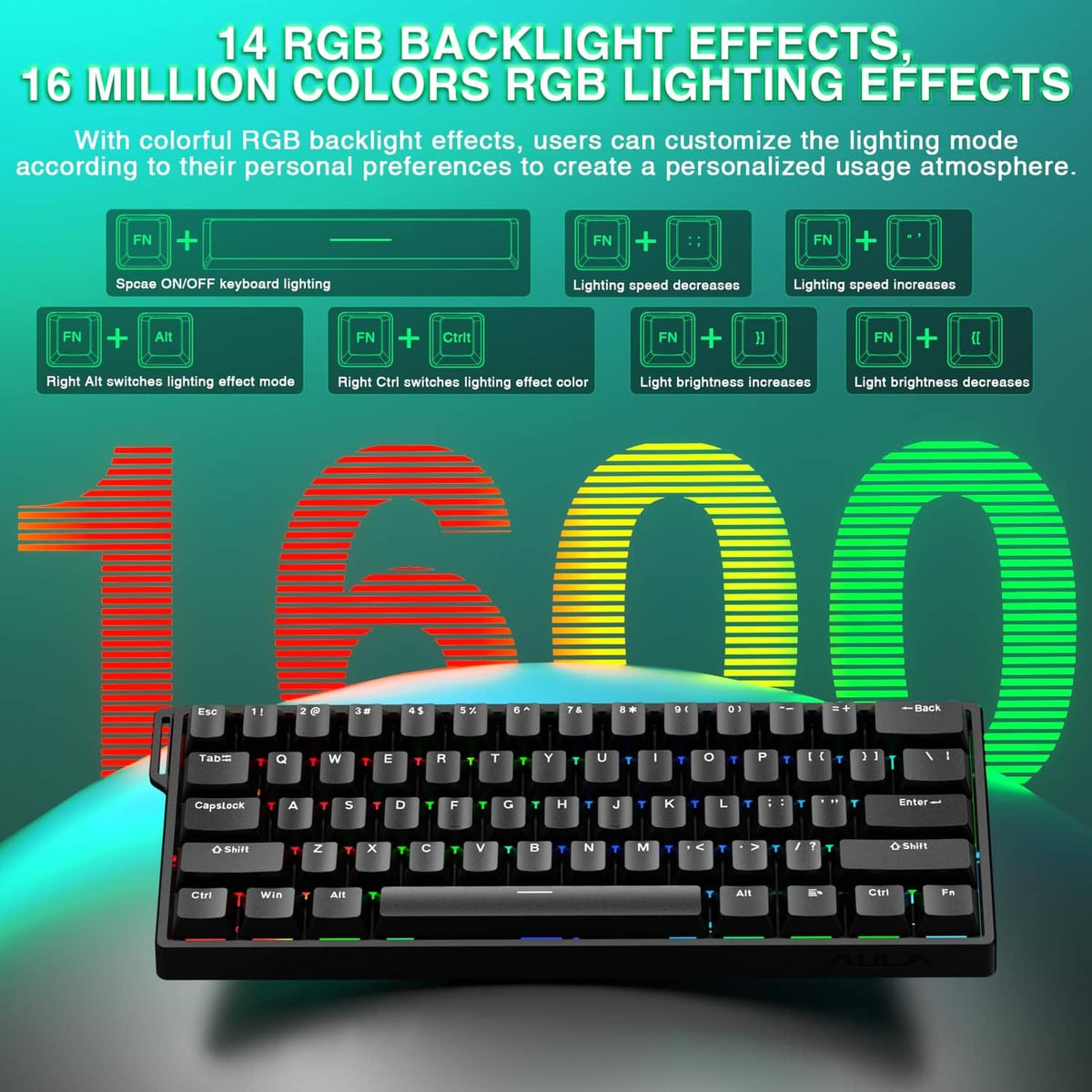 Black gaming keyboard with 14 RGB backlight effects and bright multicolor lighting