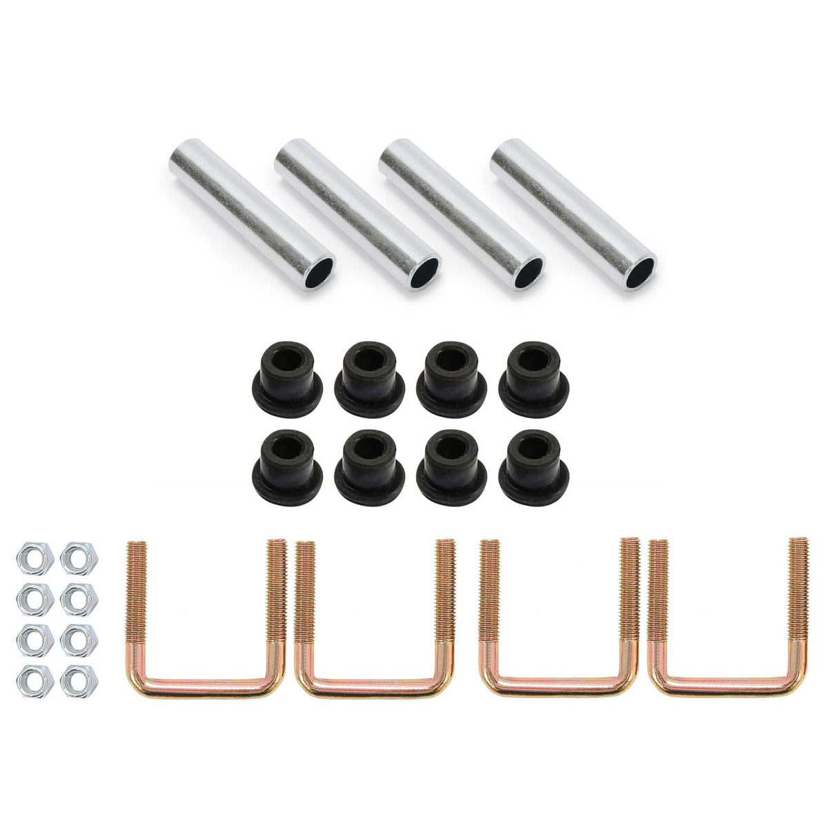 Rear leaf spring hardware set with black bushings, copper U-bolts, and bolts