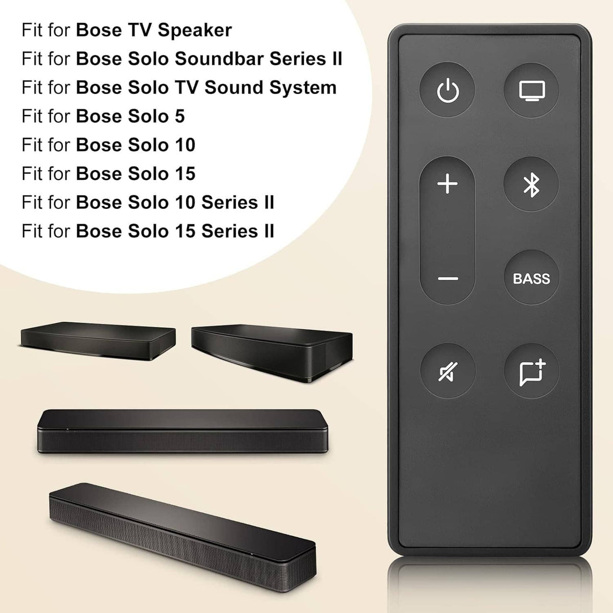 Black remote control with power, volume, Bluetooth, BASS, and mute/dialogue buttons