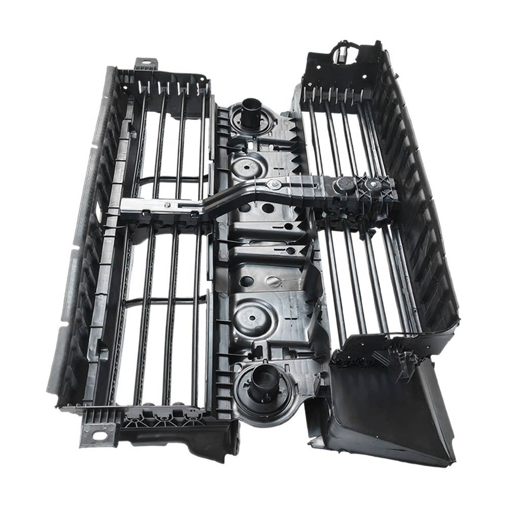 Grille shutter assembly motor housing and slat frame, exposed mechanical components