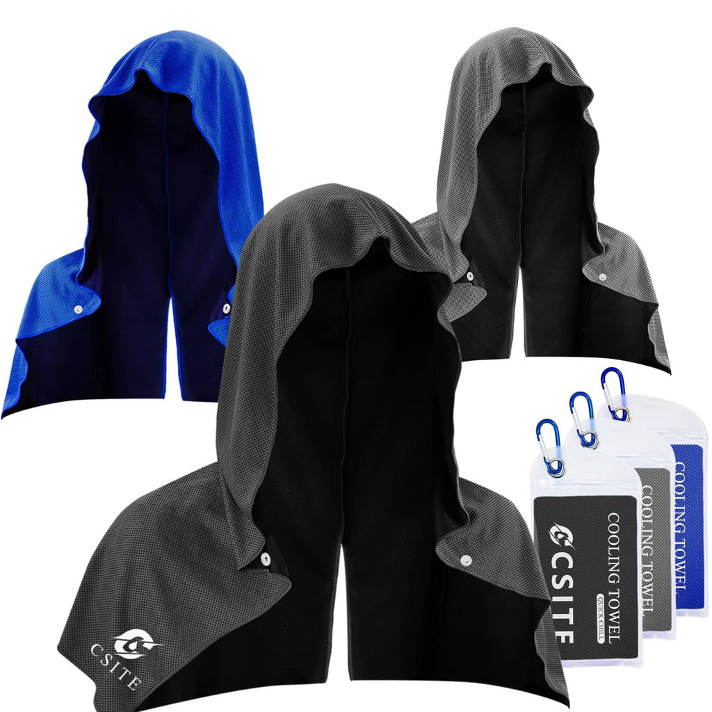 Three cooling hoodie towels set with blue, dark gray, and black hooded covers