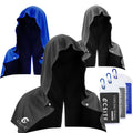 Three cooling hoodie towels set with blue, dark gray, and black hooded covers