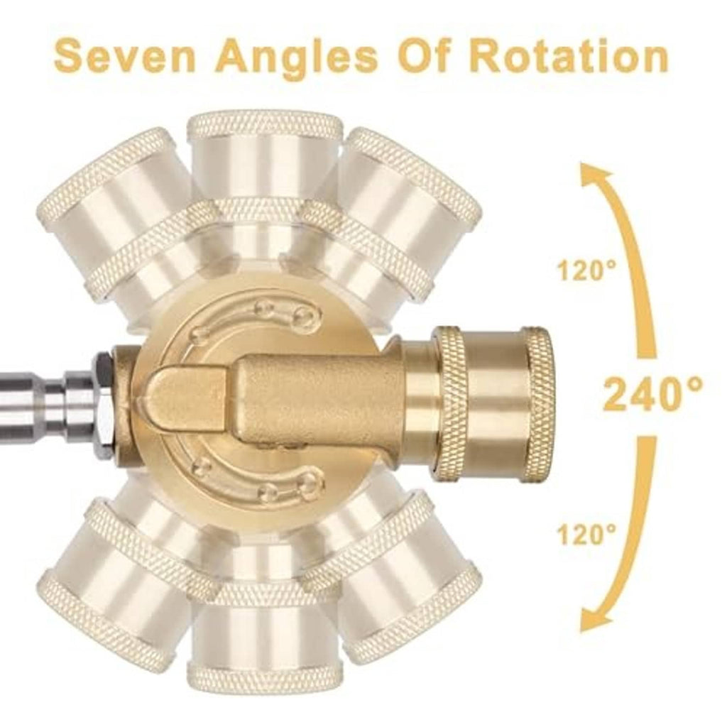 Brass pivoting coupler attachment with multi-angle 240° rotating nozzle connection