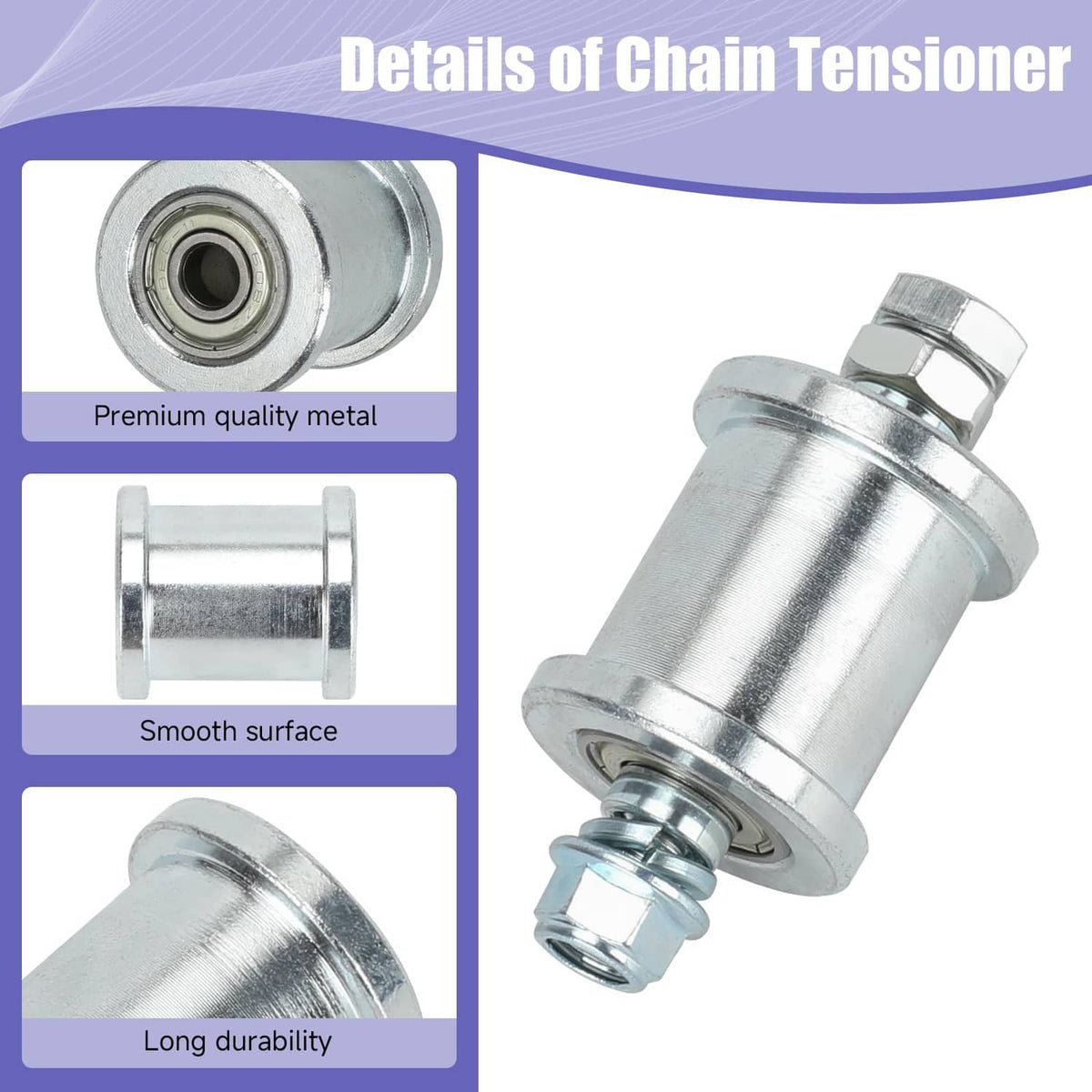 Mini bike chain tensioner details: metal roller, smooth finish, mounting hardware