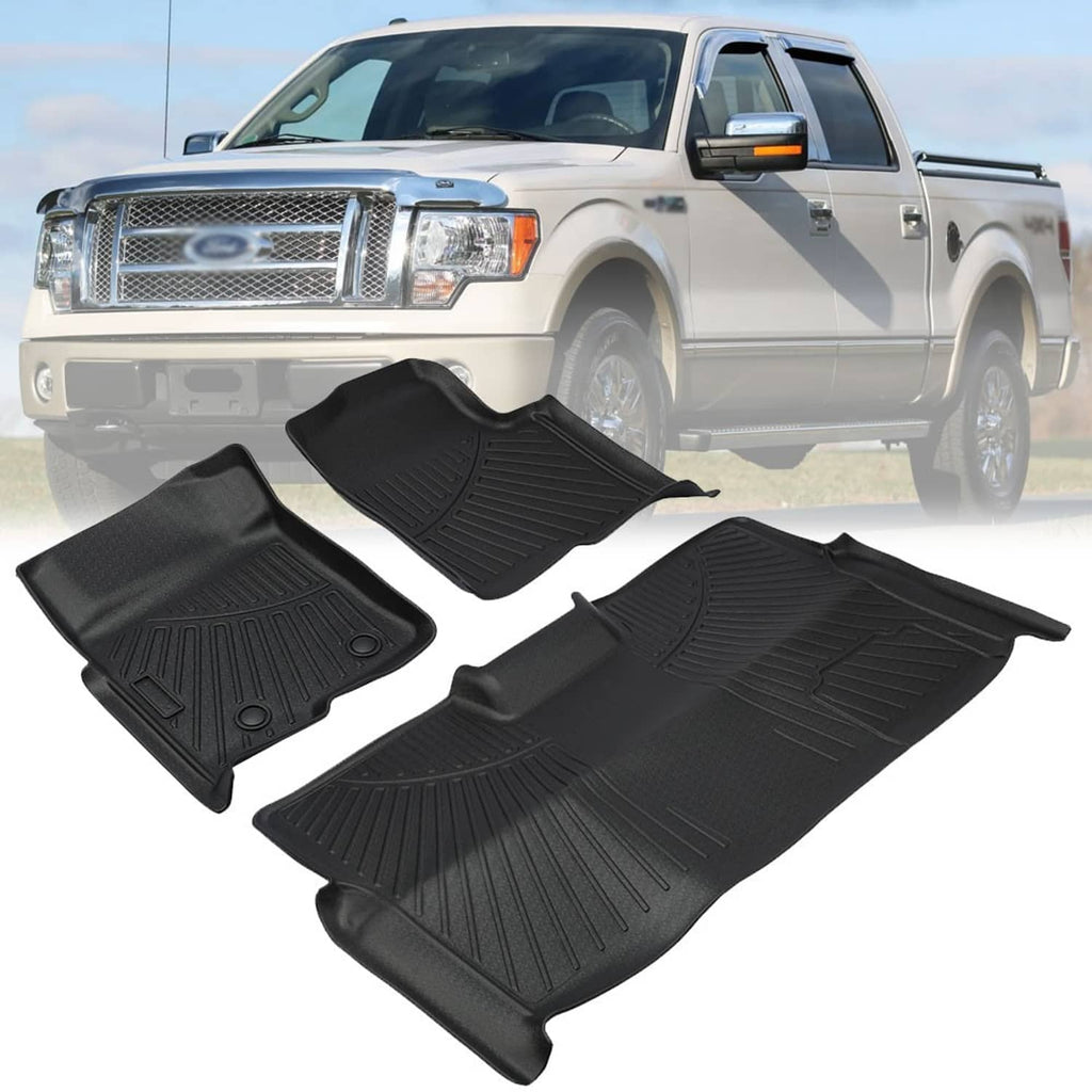 Black molded rubber floor mat set with ridged patterns and raised borders