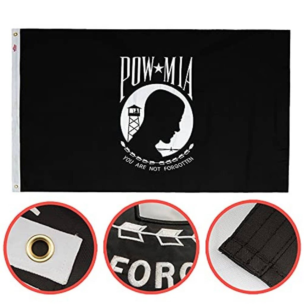 Embroidered POW-MIA flag, black with POW-MIA emblem and brass grommets on corners