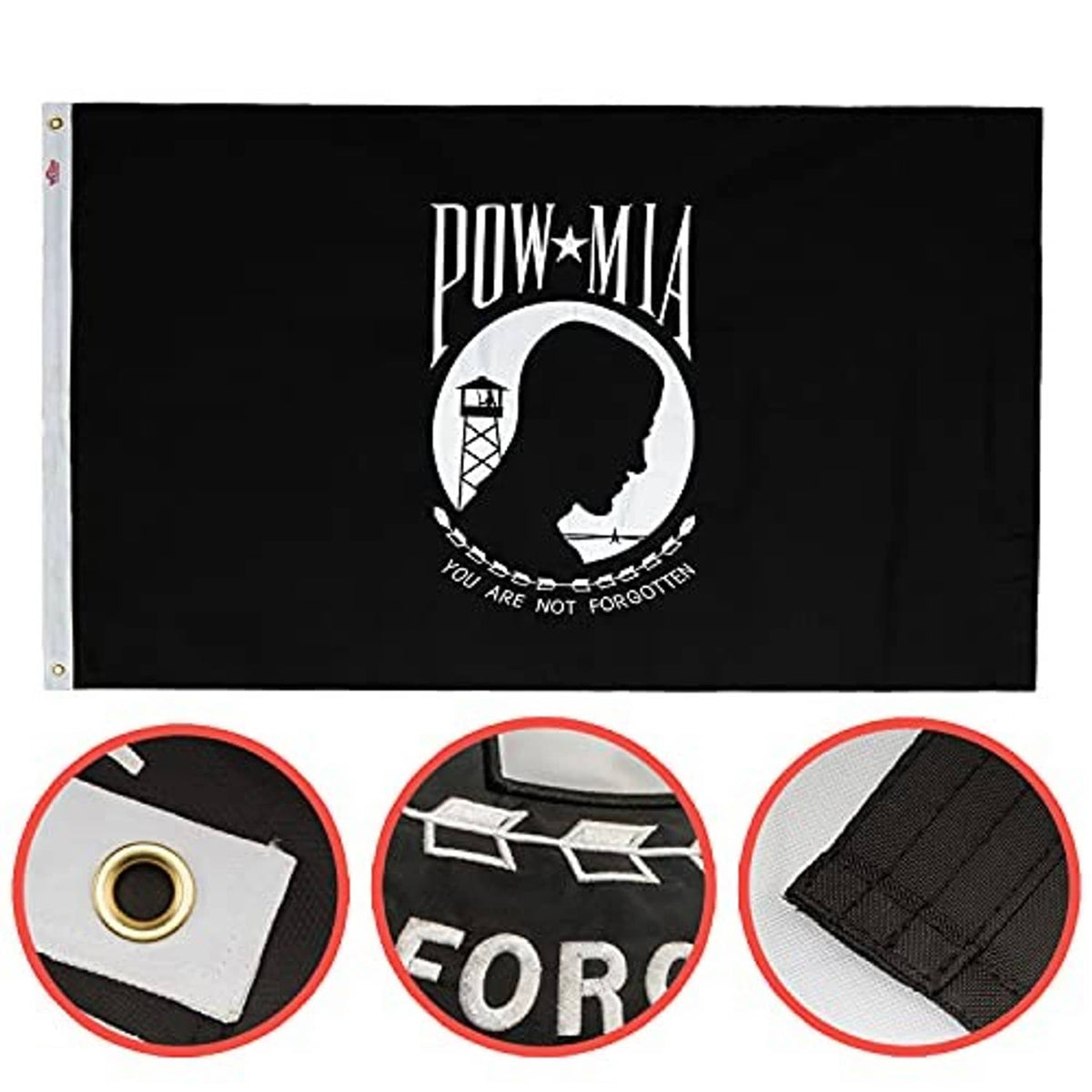 Embroidered POW-MIA flag, black with POW-MIA emblem and brass grommets on corners