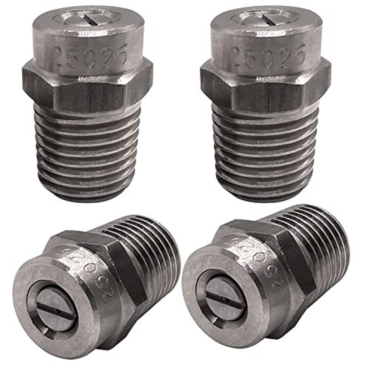 Stainless steel threaded nozzle tips for pressure washer, four-pack shown