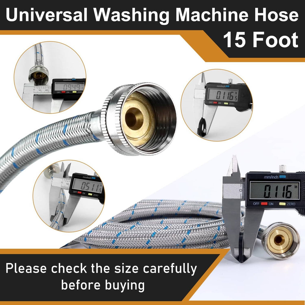 Braided washing machine hose with brass adapter ends, 15 ft length