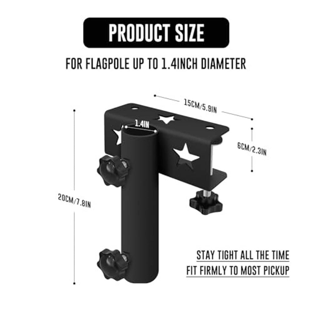 Black flag pole mount bracket with star plate, pole holder, and clamp screws
