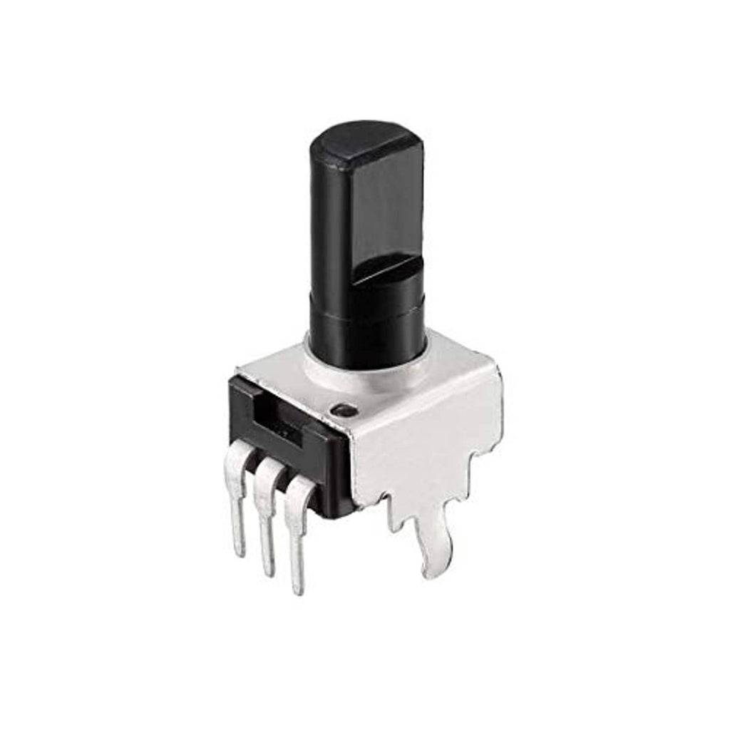 Single-turn rotary potentiometer with black knob, metal housing, and 3 solder pins