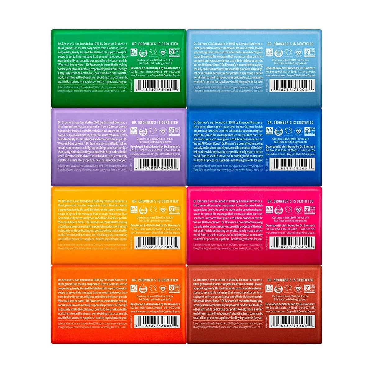 Assorted Dr. Bronner's Pure-Castile bar soaps with printed ingredient labels