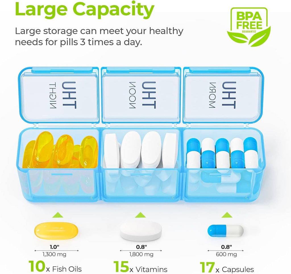 Blue large weekly pill organizer with multiple compartments for vitamins, oils, and capsules