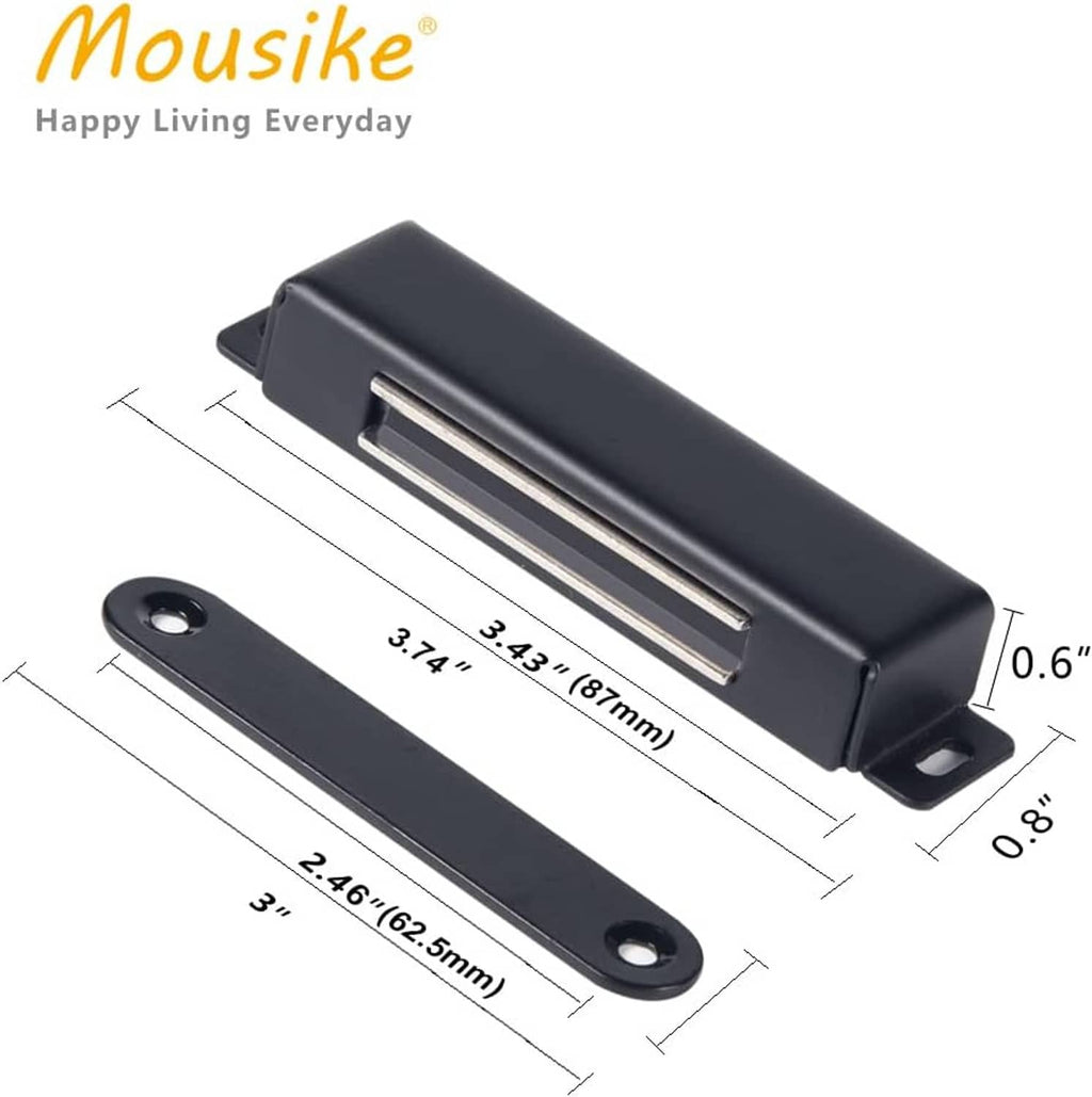 Black magnetic door catch striker plate with bar insert and screw-mount holes