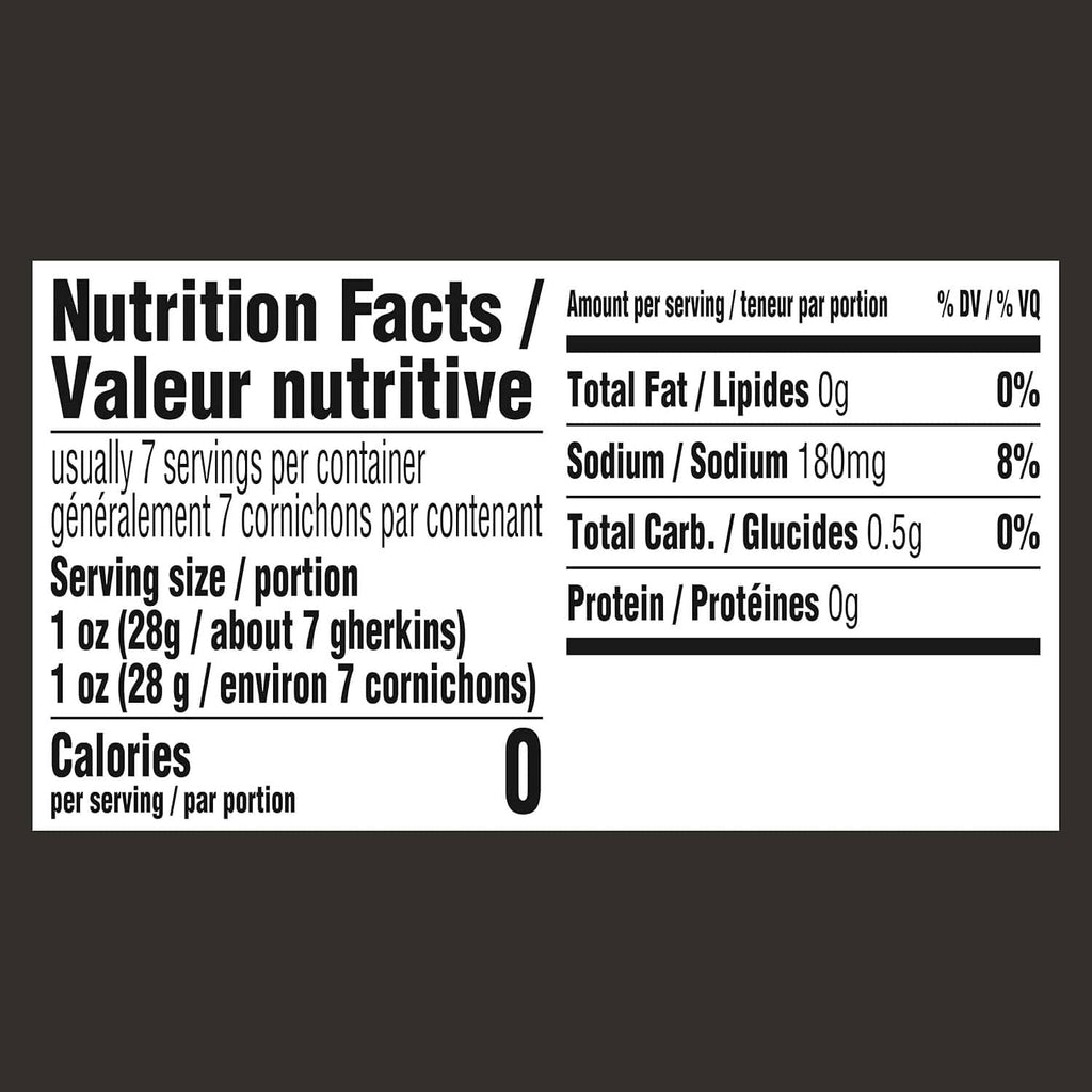 Nutrition facts panel for cornichons pickle product