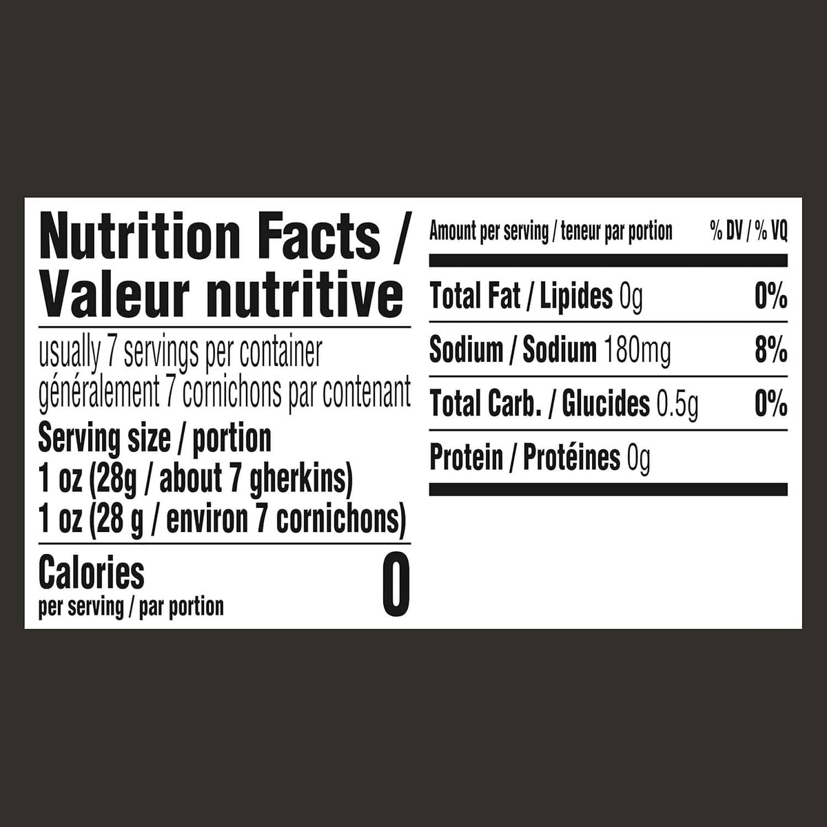 Nutrition facts panel for cornichons pickle product